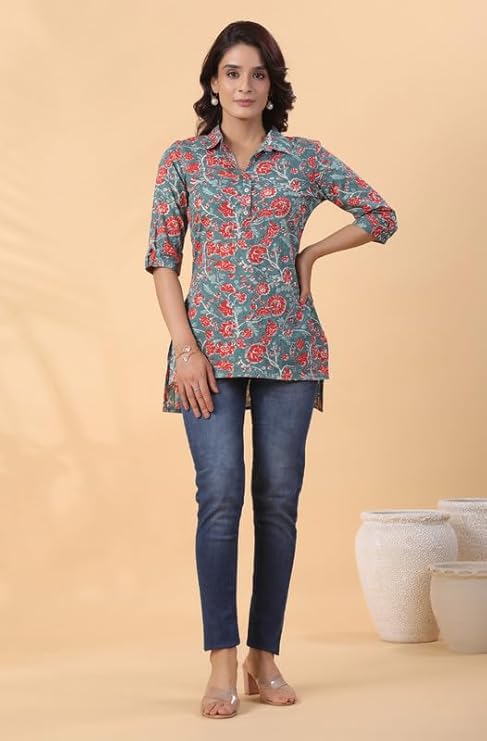 Women's Sage Green Cotton Floral Print Regular Top - Image 3