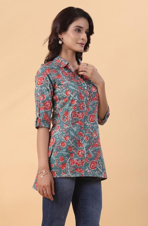 Women's Sage Green Cotton Floral Print Regular Top - Image 2