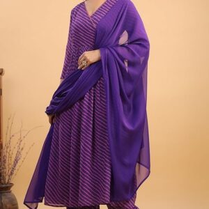 71i0iEVjc2L._1 Women's Purple Georgette Striped Angrakha Kurta Set