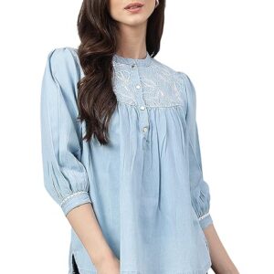 71xiumJQDKL._1 Women's Light Blue Denim Embroidered Flared Top
