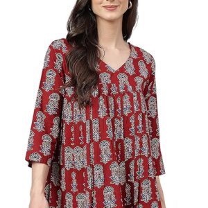 81IWSRf102L._1 Women's Maroon Pure Cotton Floral Block Print Flared Top