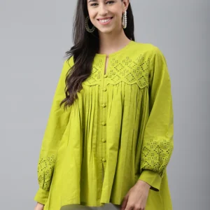 JNE4110-TP_3 Women's Lime Green Cotton Schiffli Casual Flared Top